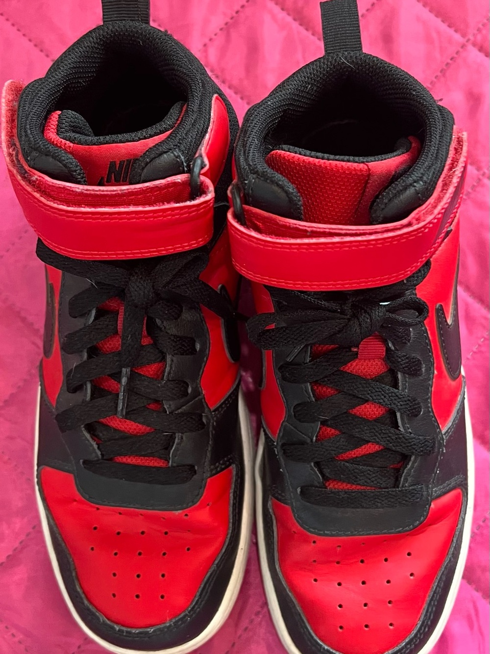 Nike Kids Red and Black High-Top Sneakers with Strap